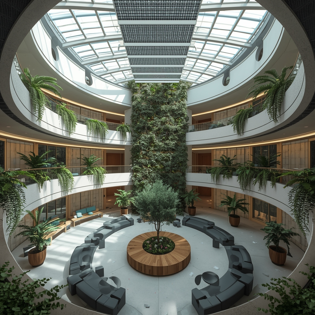 A wide shot of a multi-level atrium with a vertical garden and solar energy harvesting roof. Soft, diffused lighting, natural textures, futuristic furniture. 8k resolution. No people, no women.
