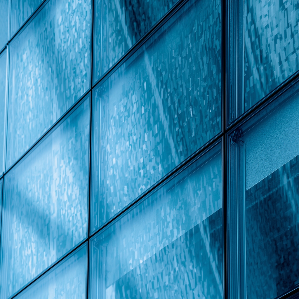 A detail shot of self-regulating smart glass panels on a modern office building. The glass is shifting from transparent to holographic blue frosting. Reflective textures, high-tech aesthetic. 8k resolution. No people, no women.